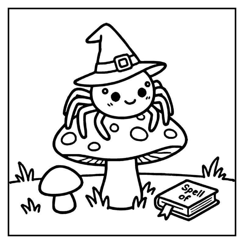 A cute spider wearing a witch hat is reading a spell book in a grassy area
