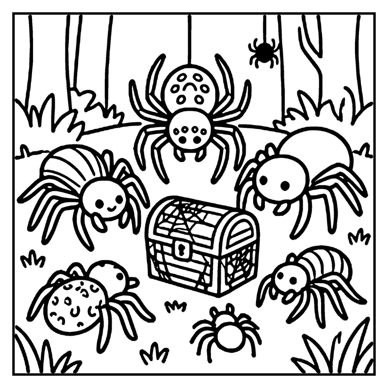 A group of friendly spiders is gathered around a treasure chest in a grassy forest