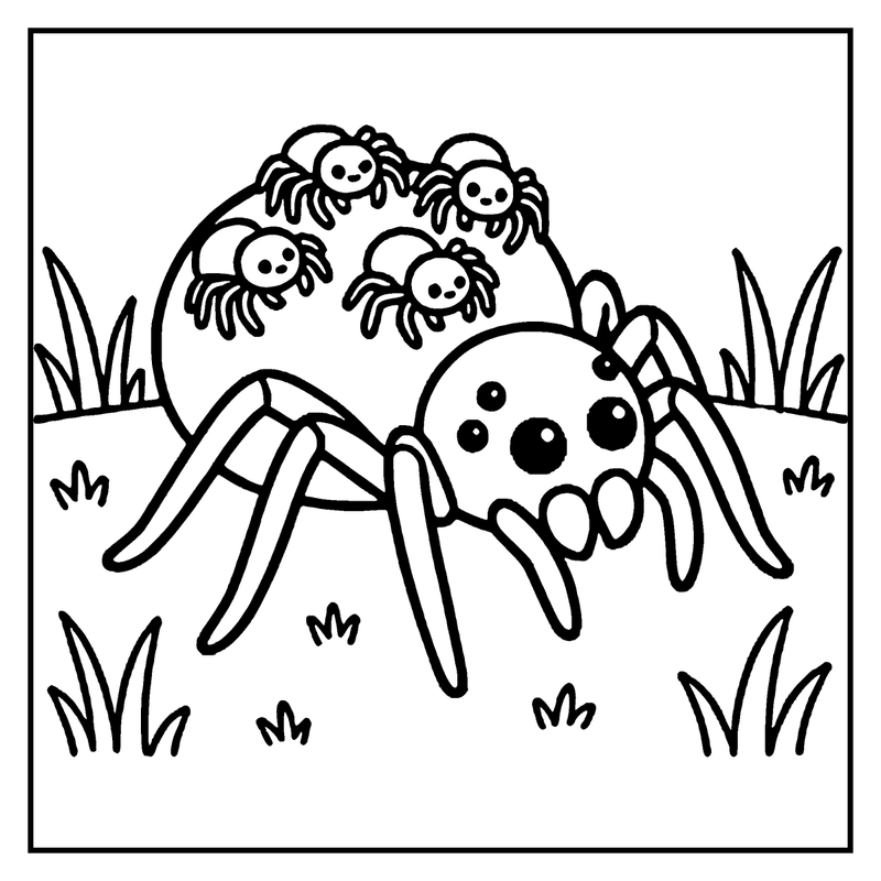 A large spider with four smaller spiders on its back, surrounded by grass