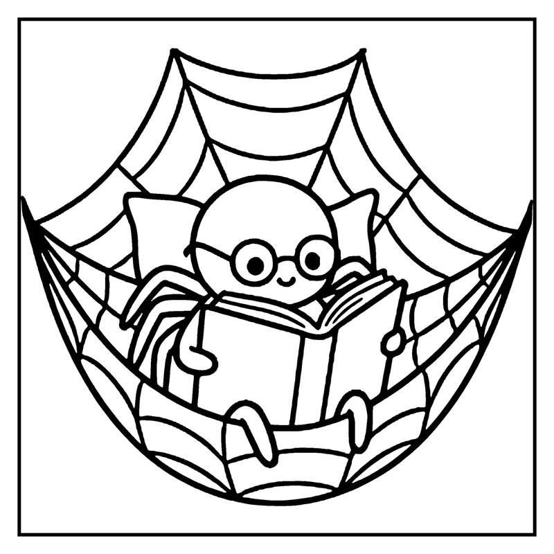 A spider is reading a book in its web, with a happy expression