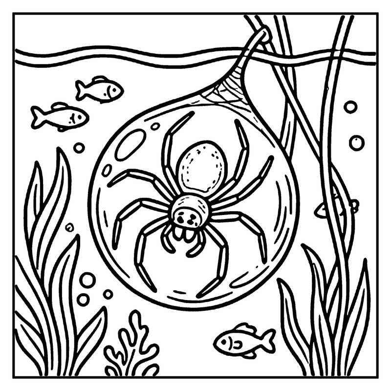 A spider is spinning a web in a pond, with fish swimming nearby and leaves framing the scene
