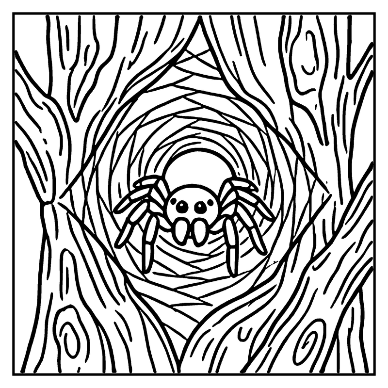 A spider sits in its web, surrounded by tree branches and leaves