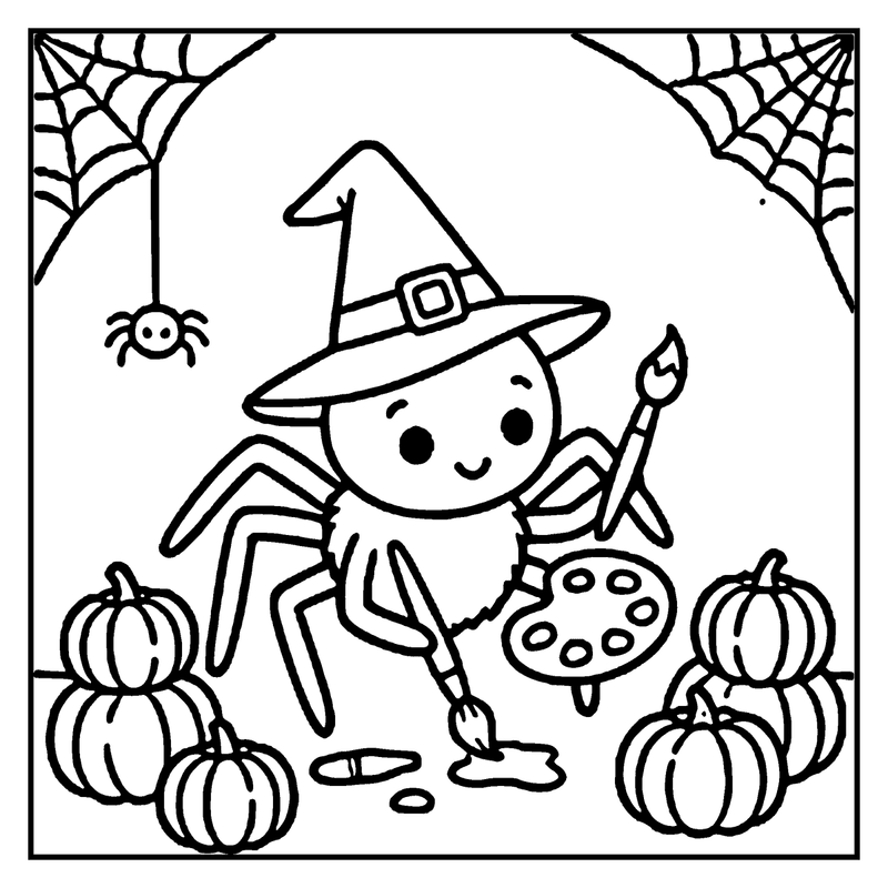 A spider wearing a witch hat is painting pumpkins in a Halloween setting