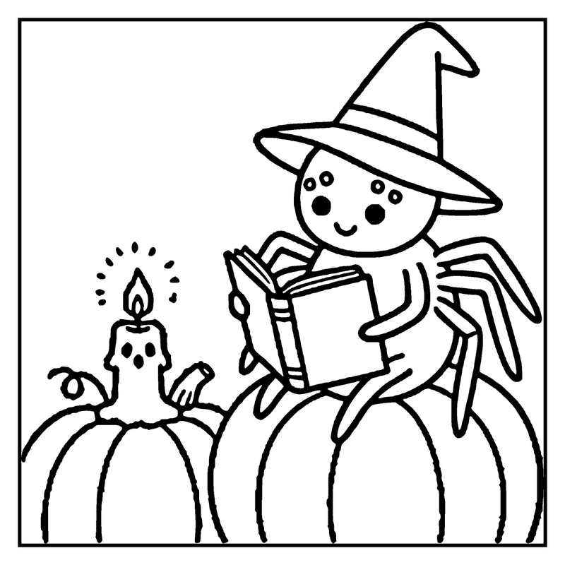 A spider wearing a witch hat is reading a book while sitting on a pumpkin next to a lit candle