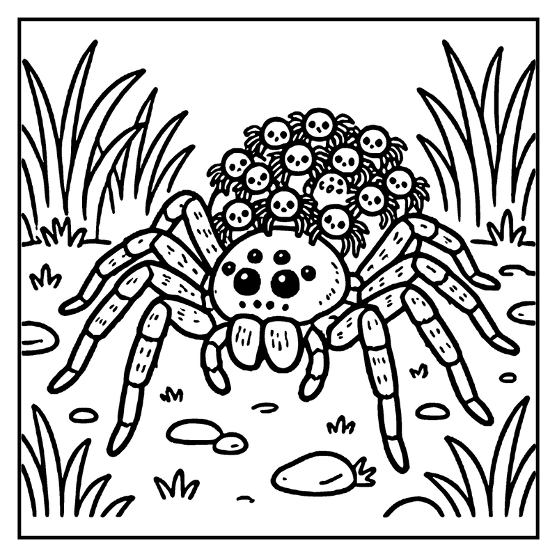 A tarantula spider with baby spiders on its back in a grassy setting