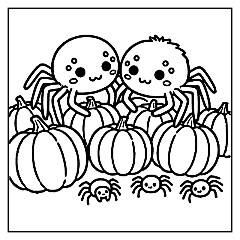 Two friendly spiders are holding pumpkins, surrounded by small spider friends, all in a playful Halloween setting