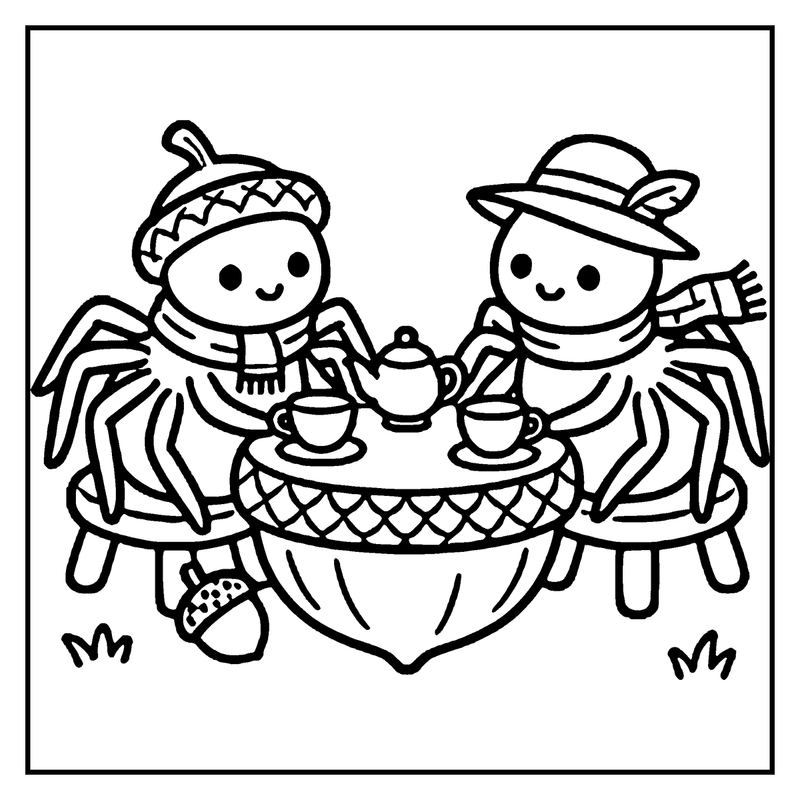 Two snowmen are having tea at a cozy table, wearing hats and scarves, enjoying a warm drink together, a spider coloring page