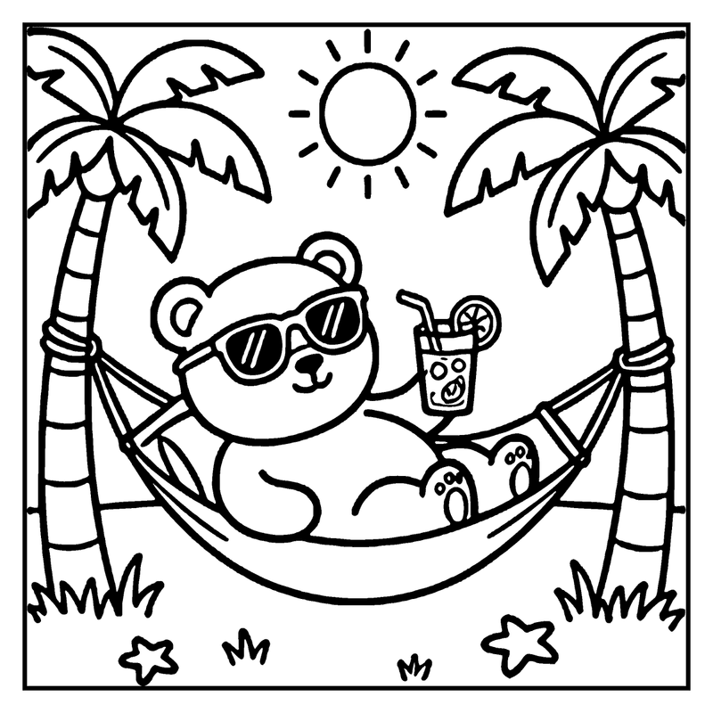 A bear wearing sunglasses is lounging in a hammock, sipping a drink, surrounded by palm trees and a sunny sky, a summer coloring page