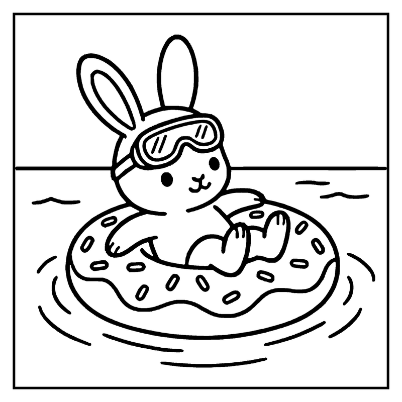 A bunny wearing goggles floats on a doughnut-shaped inflatable ring in the water, a summer coloring page