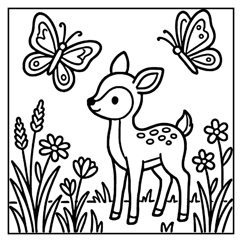 A cute baby deer stands in a meadow with flowers and butterflies, a summer coloring page