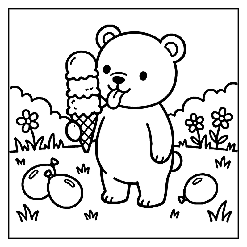 A cute bear is enjoying an ice cream cone in a garden with flowers and balloons, a summer coloring page