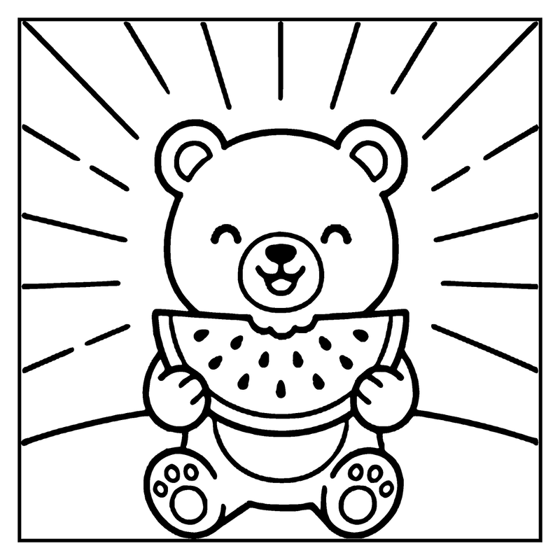 A cute bear is happily holding a slice of watermelon, surrounded by radiant lines, a summer coloring page