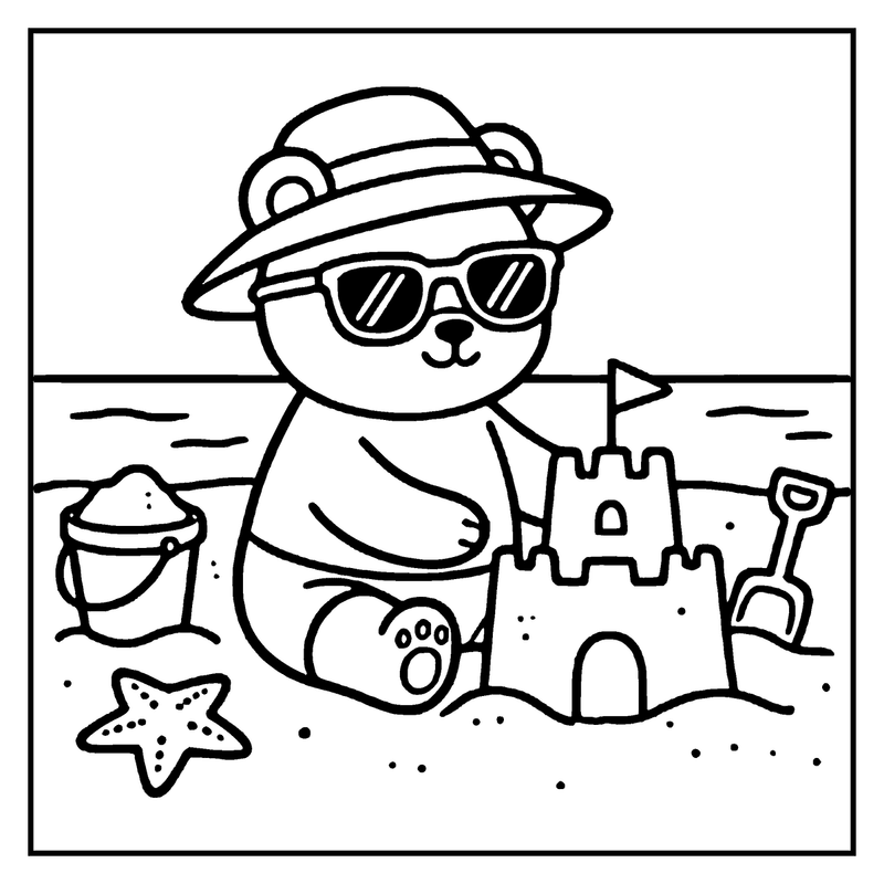 A cute bear wearing a hat and sunglasses is building a sandcastle on the beach, a summer coloring page
