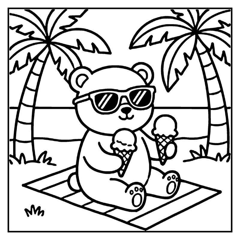 A cute bear wearing sunglasses is enjoying ice cream on a beach mat with palm trees in the background, a summer coloring page