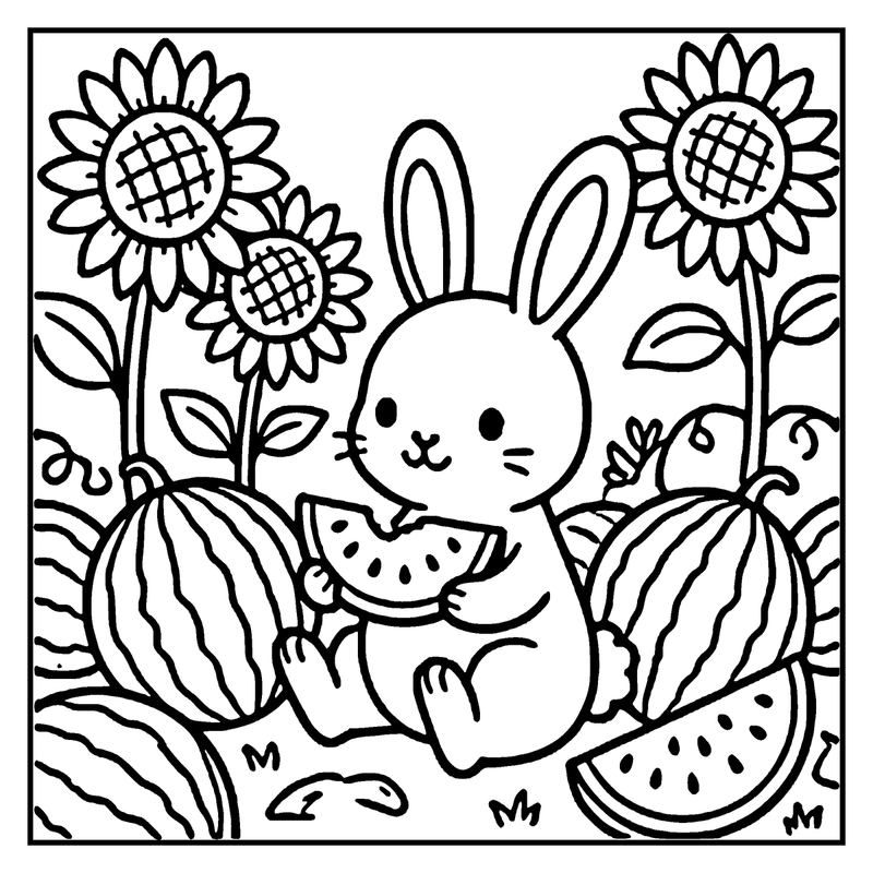 A cute bunny eating a watermelon slice, surrounded by sunflowers and pumpkins, a summer coloring page