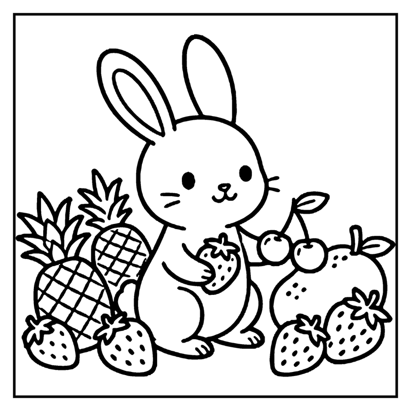 A cute bunny holding a strawberry, surrounded by pineapples and strawberries, ready for coloring, a summer coloring page