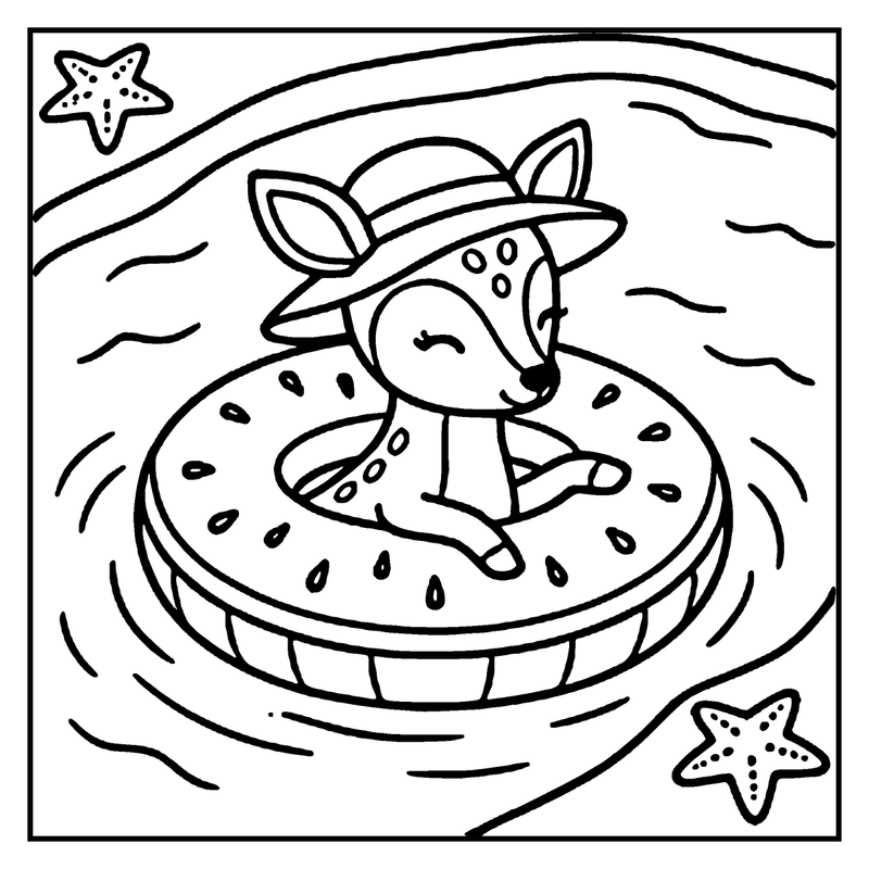 A cute deer floats on a watermelon slice, wearing a hat, in a wavy water setting with starfish, a summer coloring page