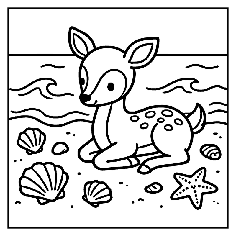 A cute deer sits on a beach, surrounded by seashells and a starfish, with ocean waves in the background, a summer coloring page