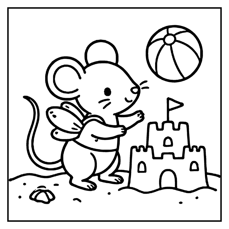A cute mouse is building a sandcastle on the beach, playing with a beach ball, and waving a small flag, a summer coloring page