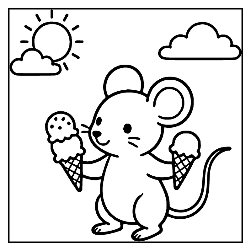 A cute mouse is enjoying two ice cream cones in a sunny sky with clouds, a summer coloring page