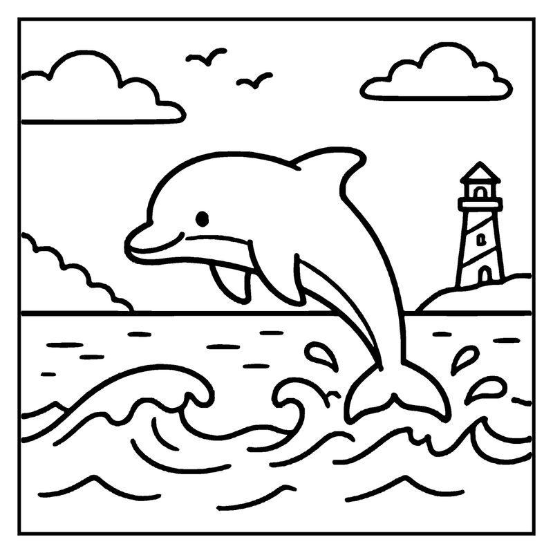 A dolphin leaps from the water, creating splashes, with a lighthouse and clouds in the background, a summer coloring page