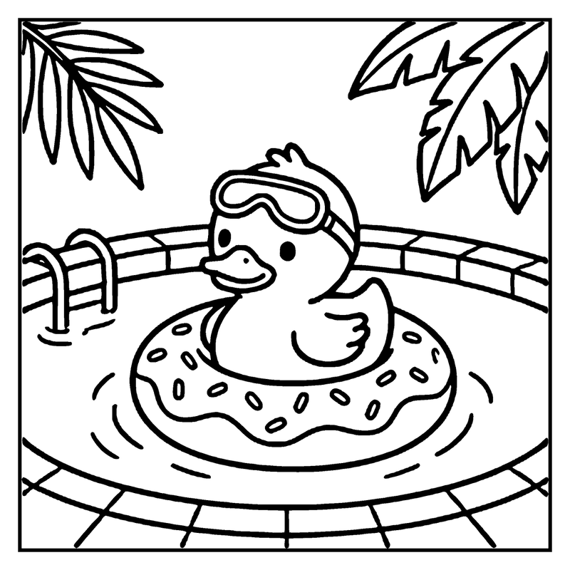 A duck wearing goggles floats on a doughnut-shaped inner tube in a pool, a summer coloring page