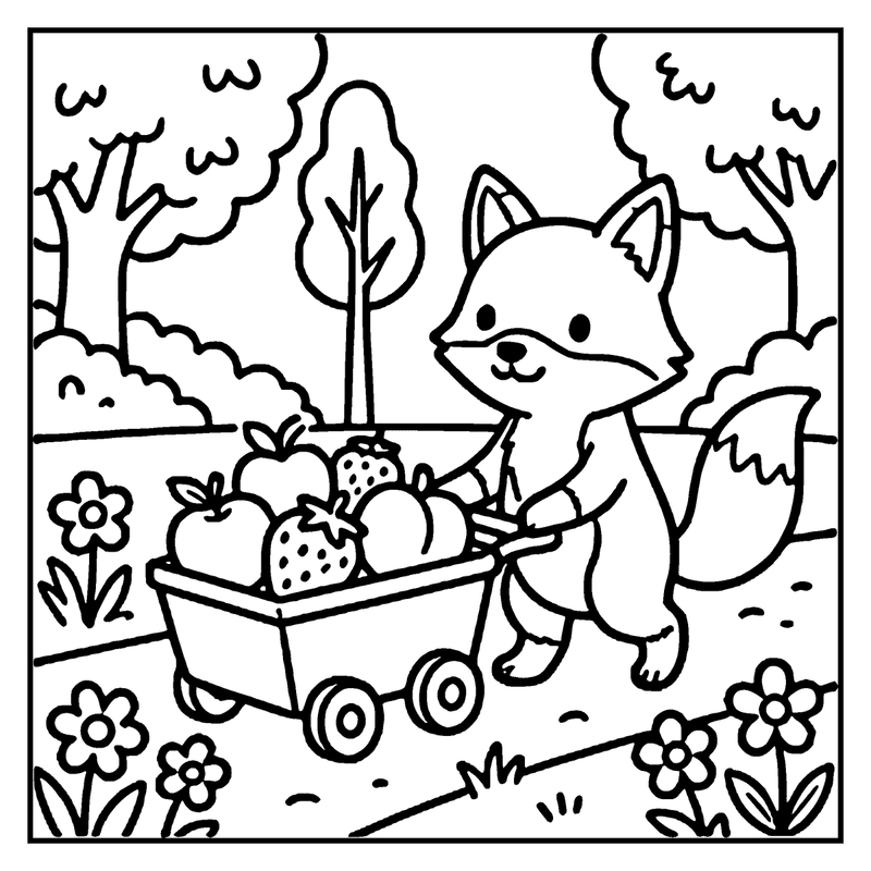 A fox is pushing a wheelbarrow filled with fruits and vegetables in a garden with flowers and trees, a summer coloring page