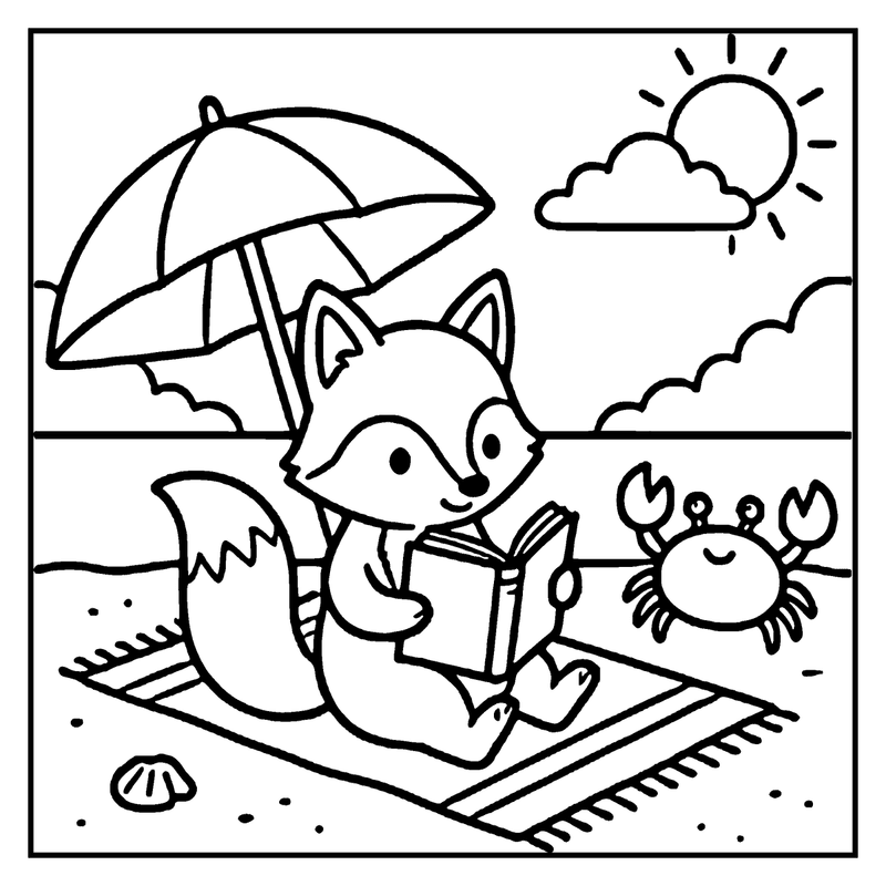 A fox is reading a book on a beach towel under an umbrella, with a smiling crab nearby, a summer coloring page
