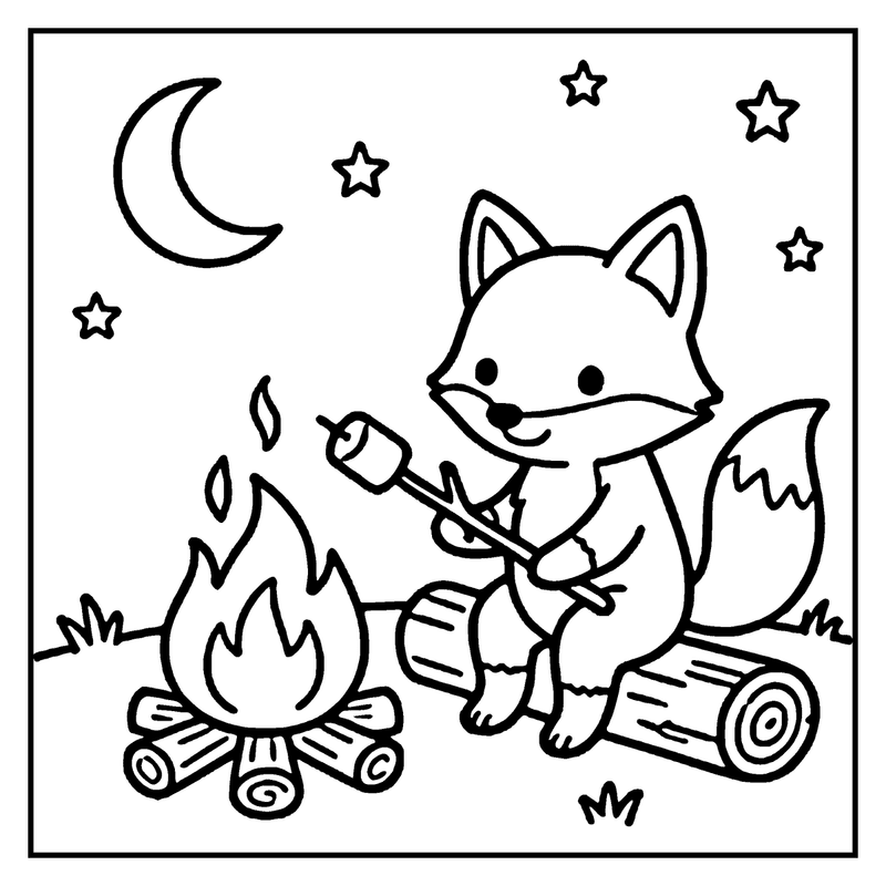 A fox is roasting a marshmallow over a campfire under a crescent moon and stars, a summer coloring page