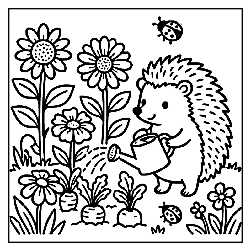 A hedgehog watering flowers in a garden with ladybugs flying around, a summer coloring page