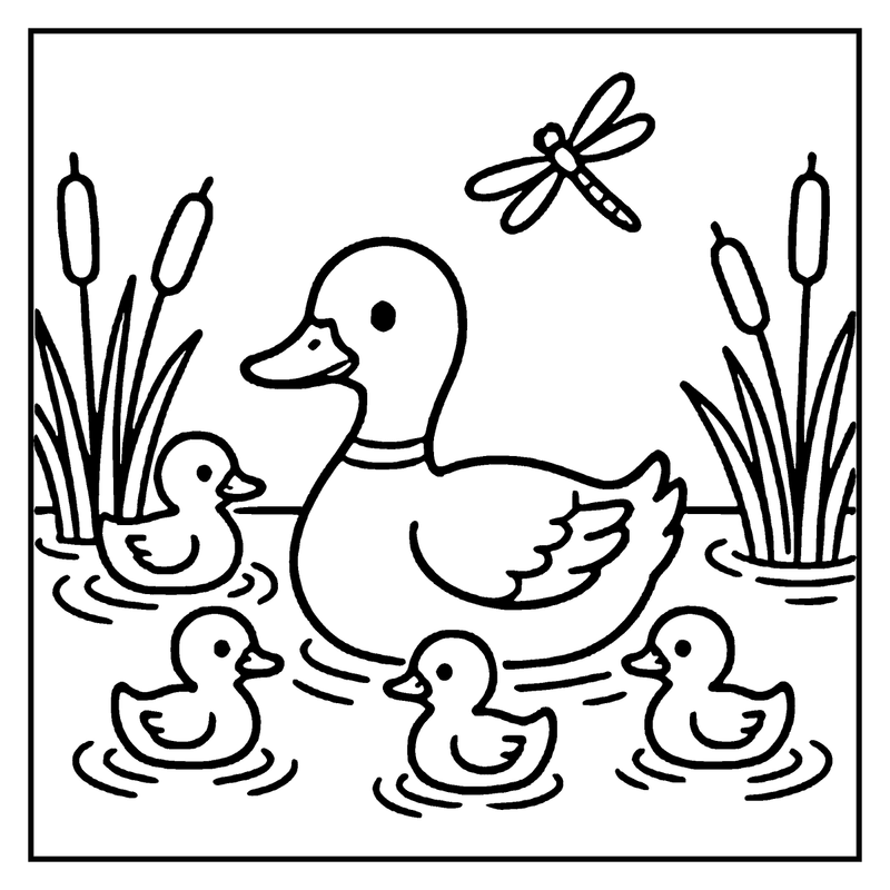 A mother duck with three ducklings swimming in a pond, surrounded by reeds and a dragonfly, a summer coloring page