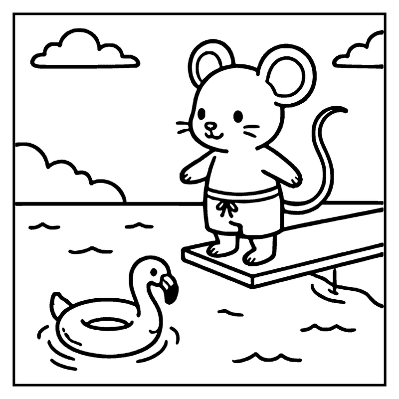 A mouse stands on a diving board, preparing to jump into the water, a summer coloring page