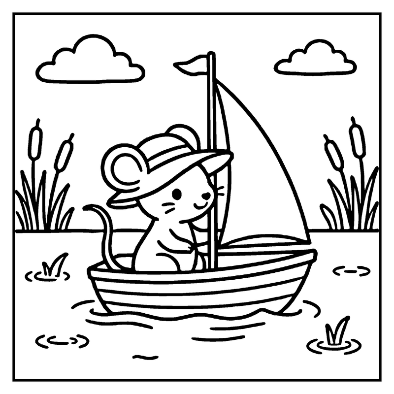 A mouse wearing a hat is sailing a small boat on calm water, surrounded by cattails and clouds, a summer coloring page