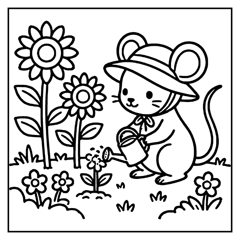 A mouse wearing a hat is watering flowers in a garden, a summer coloring page