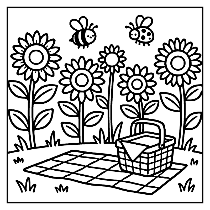 A picnic basket rests on a checkered blanket, surrounded by sunflowers, a bee, and a ladybug, a summer coloring page