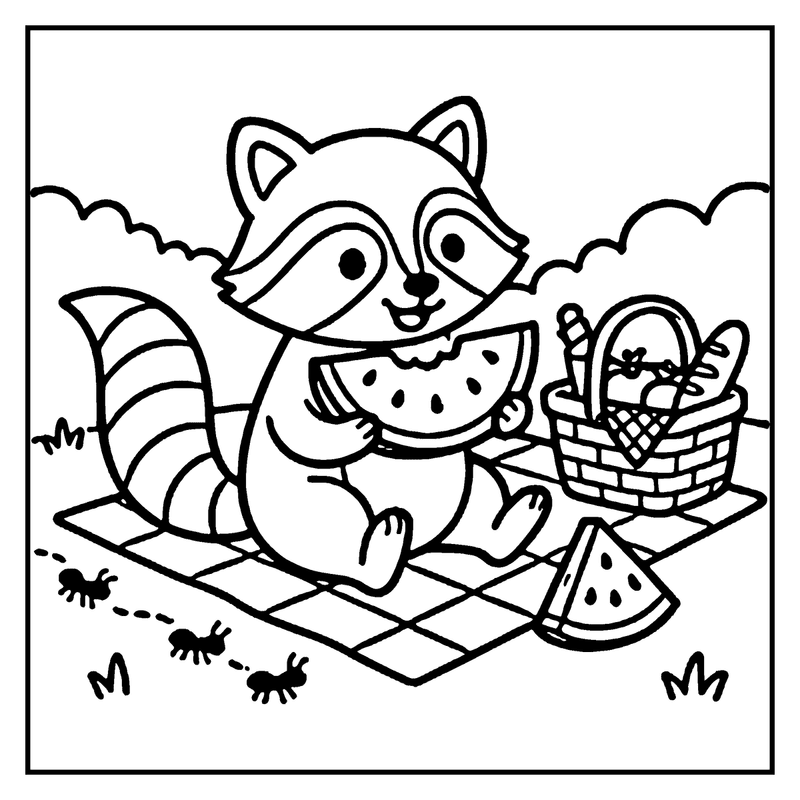 A raccoon enjoys a picnic, holding a slice of watermelon, with a basket of bread and a blanket on the ground, a summer coloring page