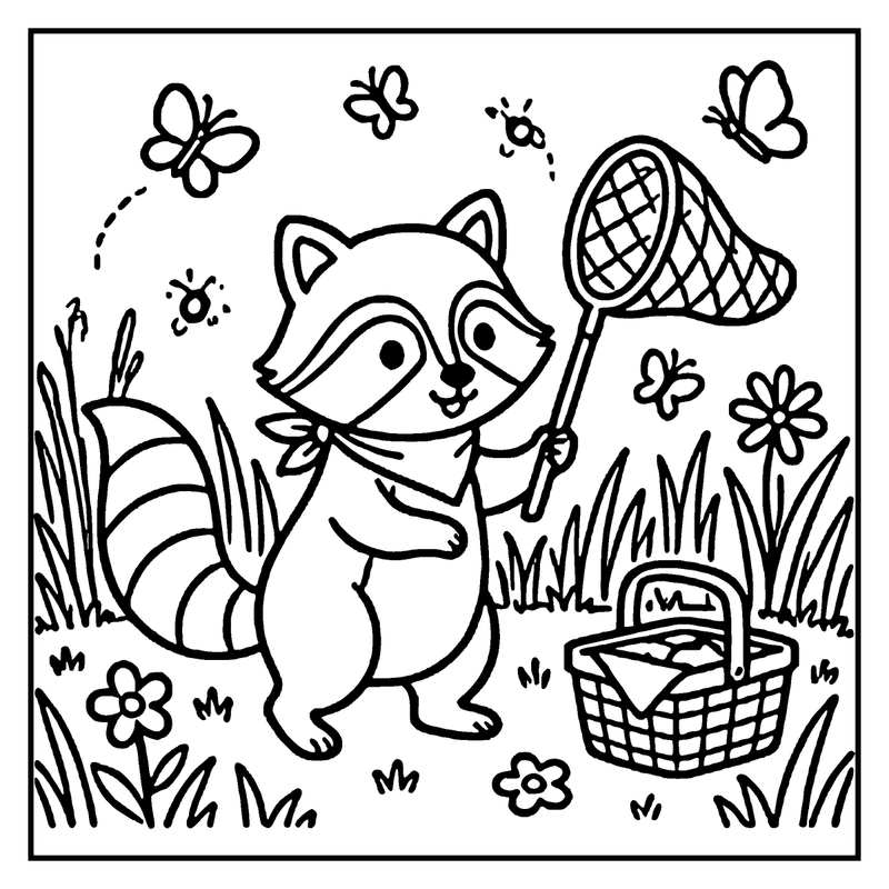 A raccoon holding a butterfly net, surrounded by flowers and insects, in a grassy setting, a summer coloring page