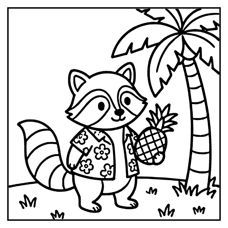 A raccoon in a Hawaiian shirt holds a pineapple, standing next to a palm tree, a summer coloring page