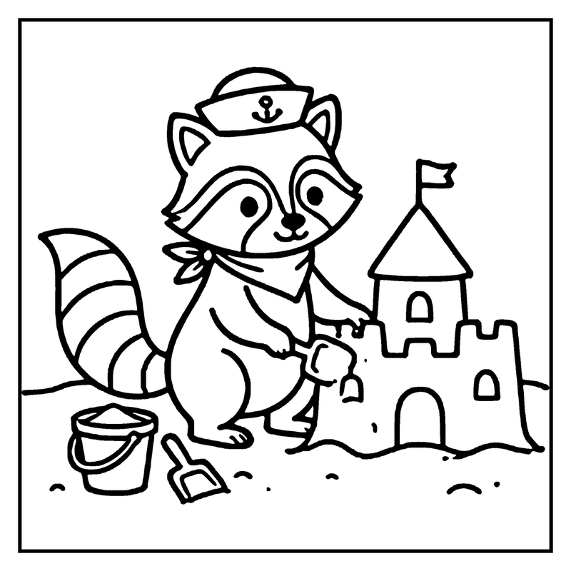 A raccoon wearing a sailor hat and scarf is building a sandcastle on the beach, a summer coloring page