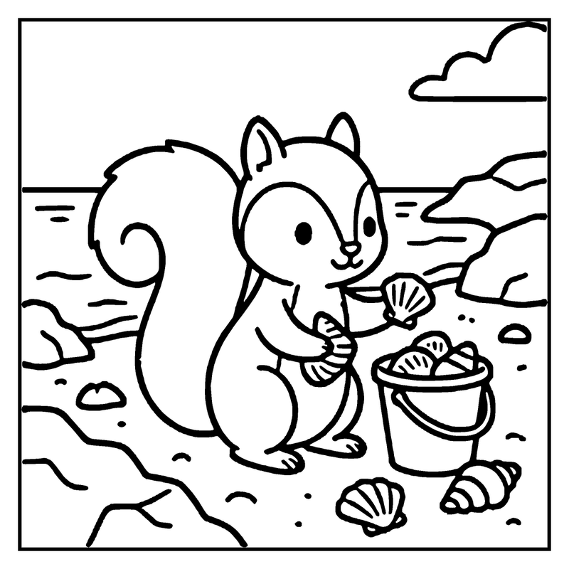 A squirrel at the beach is holding a seashell and a bucket of shells, with waves crashing in the background, a summer coloring page