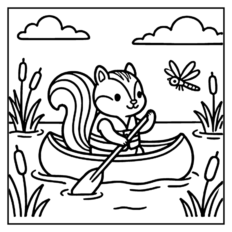 A squirrel is rowing a boat in a pond with cattails and a dragonfly nearby, a summer coloring page