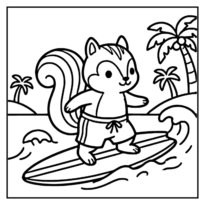 A squirrel is surfing on a wave, wearing a swimsuit, with palm trees in the background, a summer coloring page