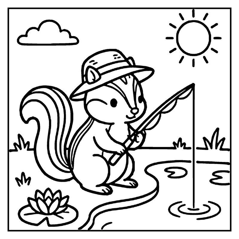 A squirrel wearing a hat is fishing in a pond with a sun and cloud in the sky, a summer coloring page