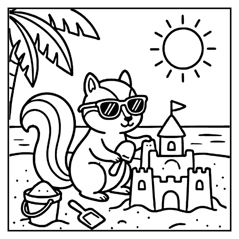 A squirrel wearing sunglasses is building a sandcastle on the beach, a summer coloring page