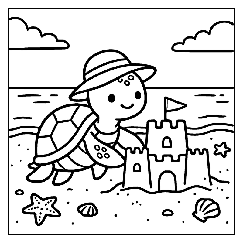 A turtle wearing a hat is building a sandcastle on the beach, a summer coloring page