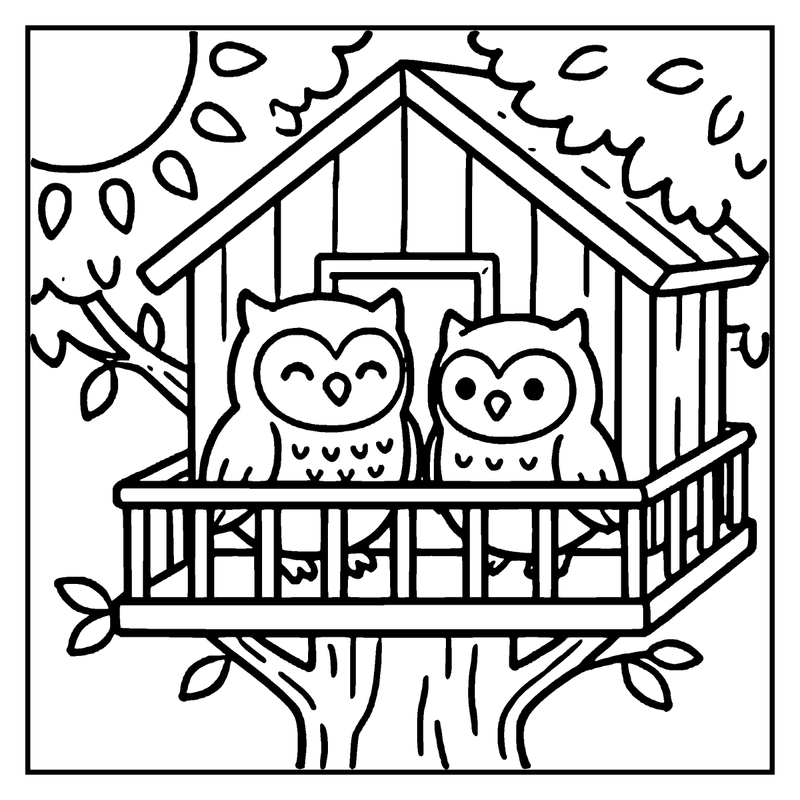 Two owls sit in a treehouse, surrounded by falling leaves, a summer coloring page