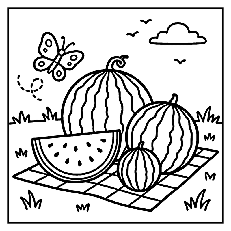 A watermelon slice rests on a picnic blanket, surrounded by a butterfly, birds, and a cloud in the sky, a summer coloring page