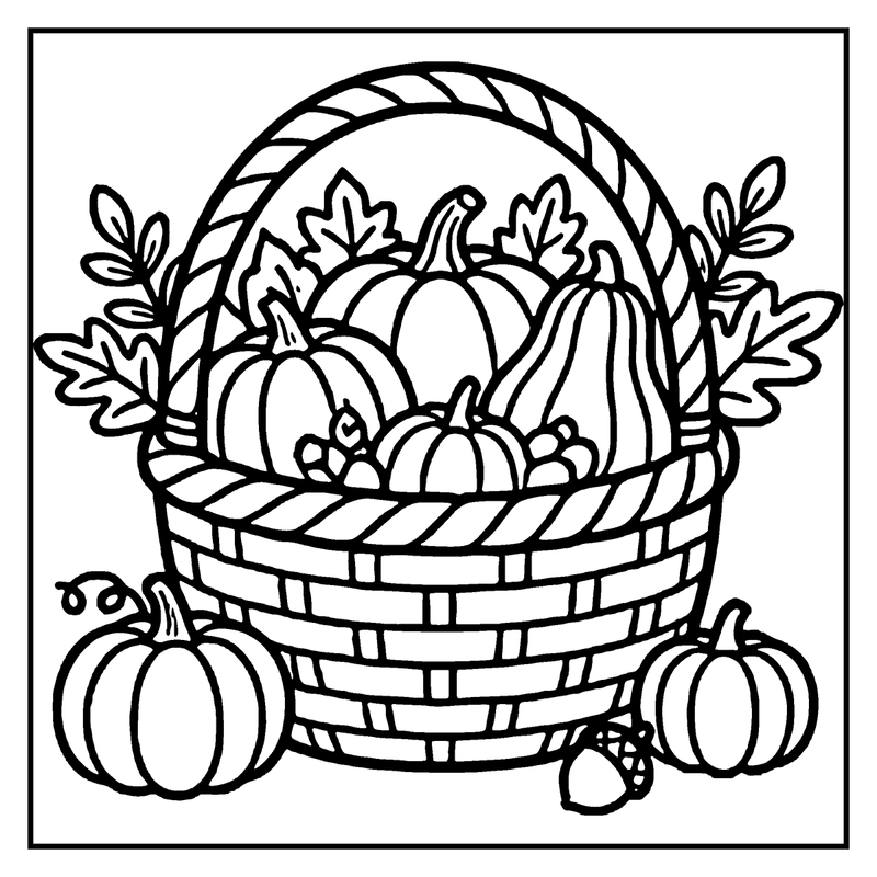 A basket filled with pumpkins and gourds, surrounded by autumn leaves, ready for coloring, a thanksgiving coloring page
