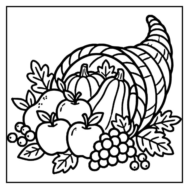 Cornucopia overflowing with fruits and vegetables, symbolizing abundance and harvest, a thanksgiving coloring page