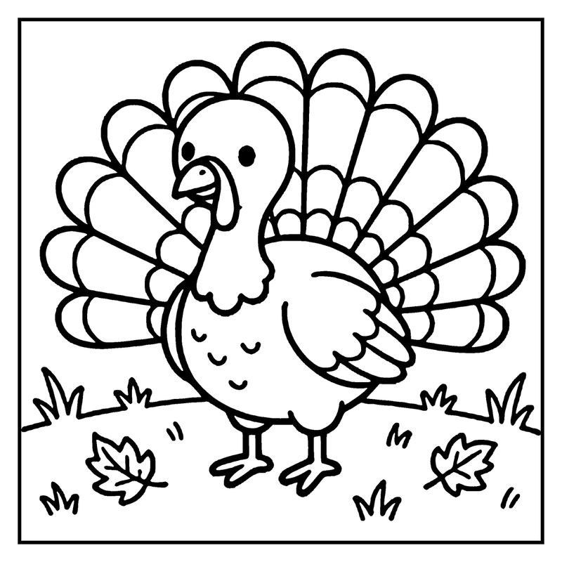 A cute turkey stands in a grassy field with autumn leaves, ready for coloring, a thanksgiving coloring page